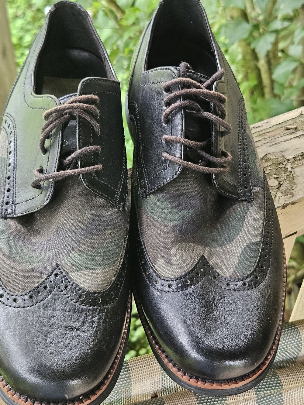 Cole Haan Black Leather & Green Camouflage Wingtip Derby